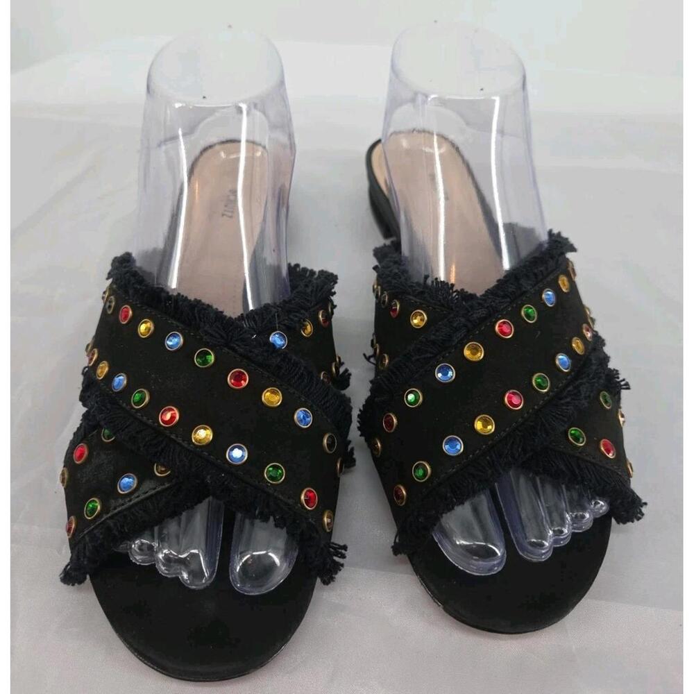 Schutz Walquiria Studded Slide Sandal 8.5B Black Multicolor Rhinestone